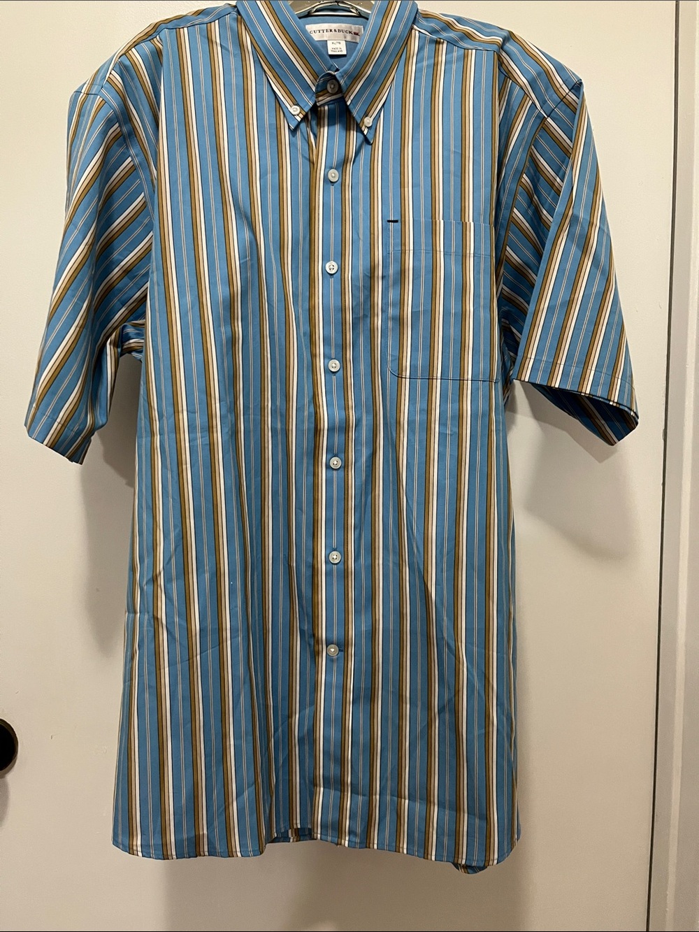 Cutter & Buck Blue and Tan Vertical Stripe Short-Sleeve Button-Down